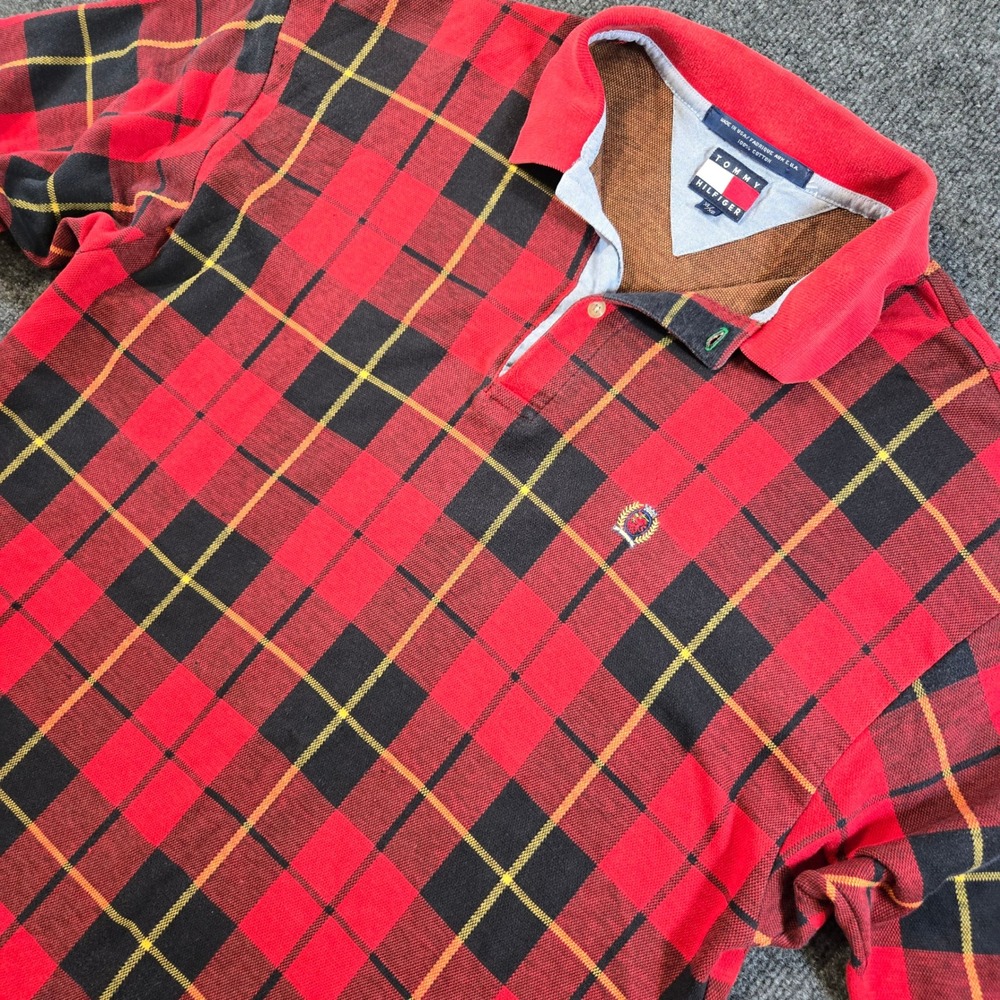 90s Streetwear VTG Tommy Hilfiger Thermos Plaid Pique Cotton Polo XL Made in USA